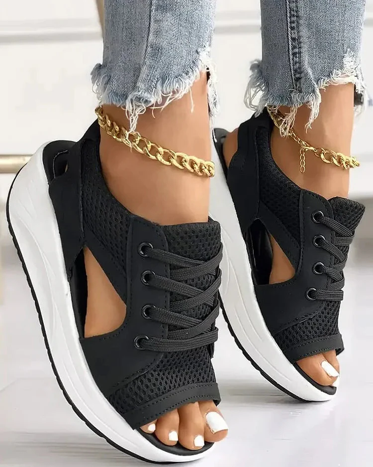 Contrast Paneled Cutout Lace-up Muffin Sandals - Image 3