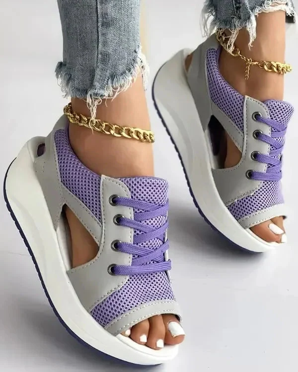 Contrast Paneled Cutout Lace-up Muffin Sandals - Image 8