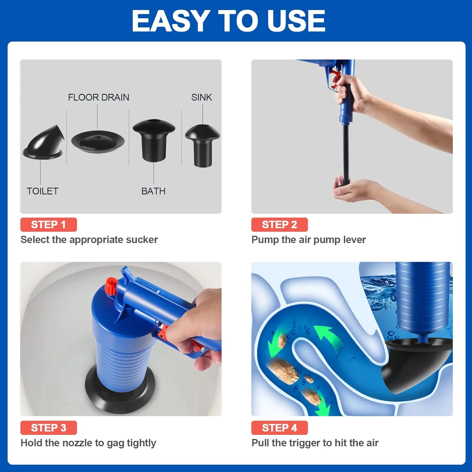 Drain Blaster Air Toilet Sink Plunger Gun Drain Clog Remover Tool - Image 7