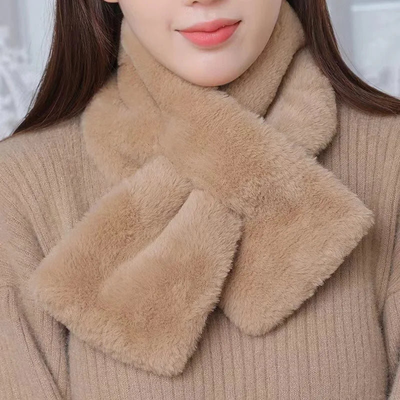 Faux Fur Cross Collar Neck Warmer Winter Scarf - Image 3