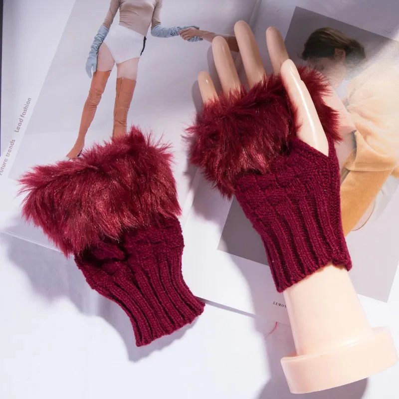 Faux Fur Fingerless Winter Gloves Hand Warmer - Image 12