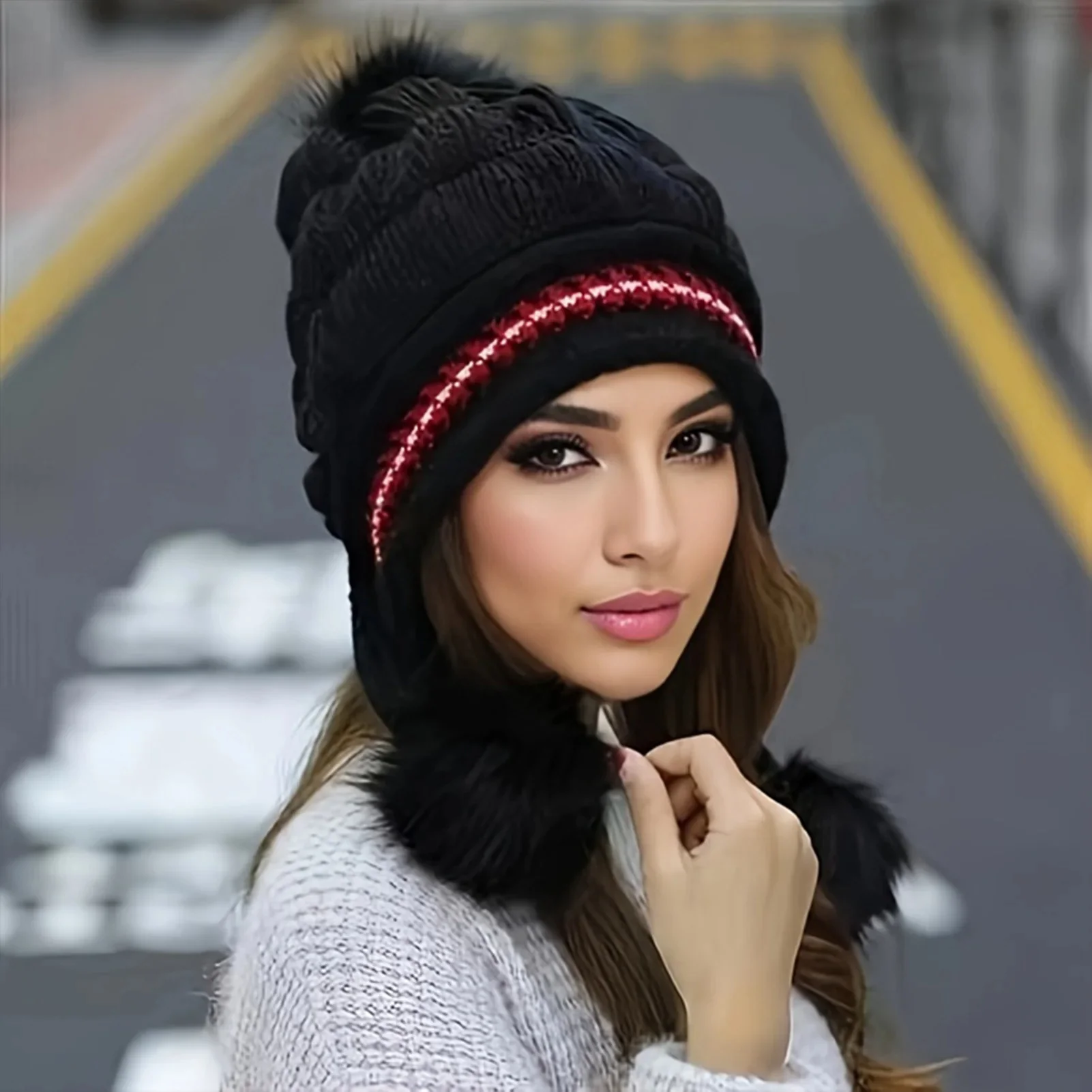 Fleece Lined Winter Hat with Faux Fur Hat Pom Pom - Image 2