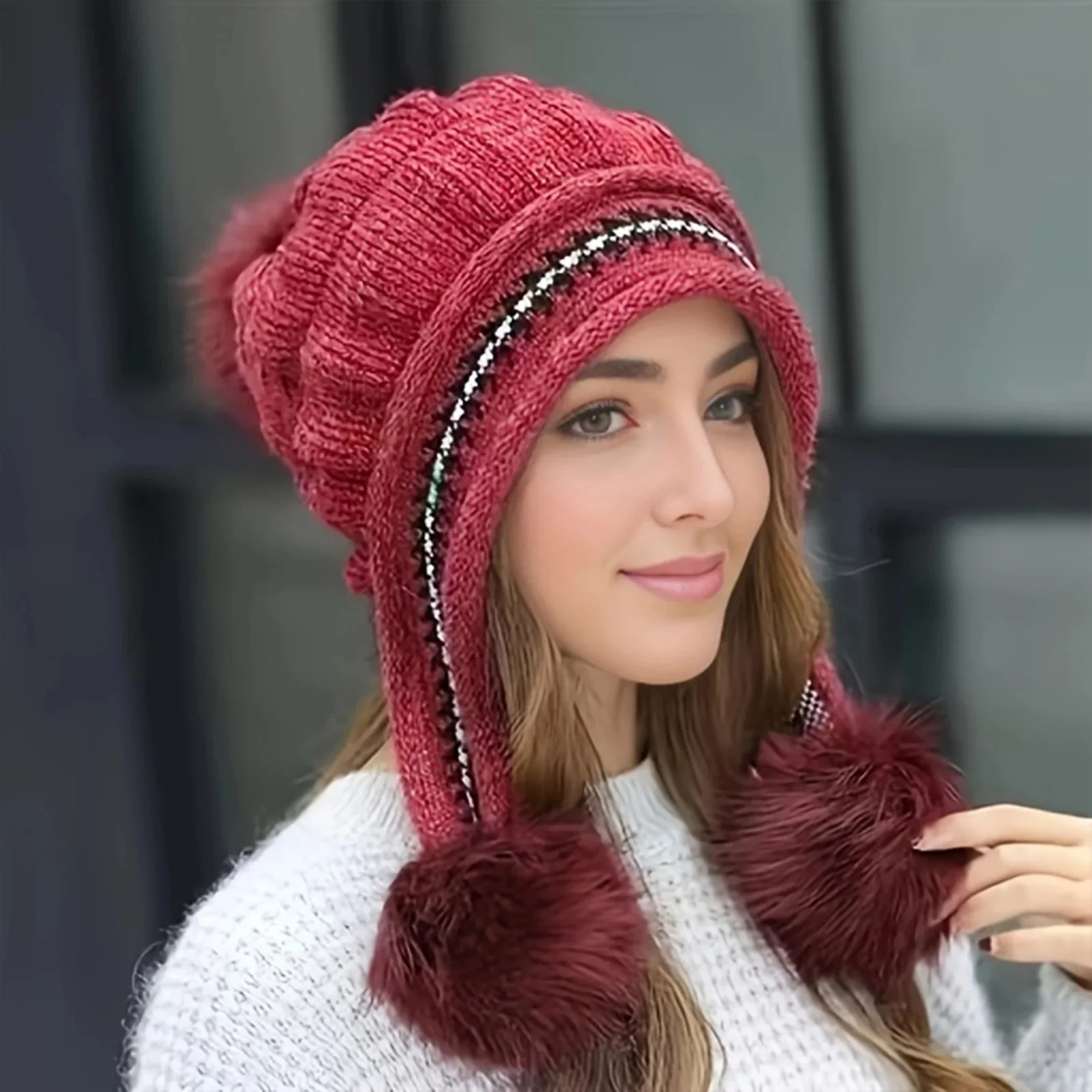 Fleece Lined Winter Hat with Faux Fur Hat Pom Pom - Image 4