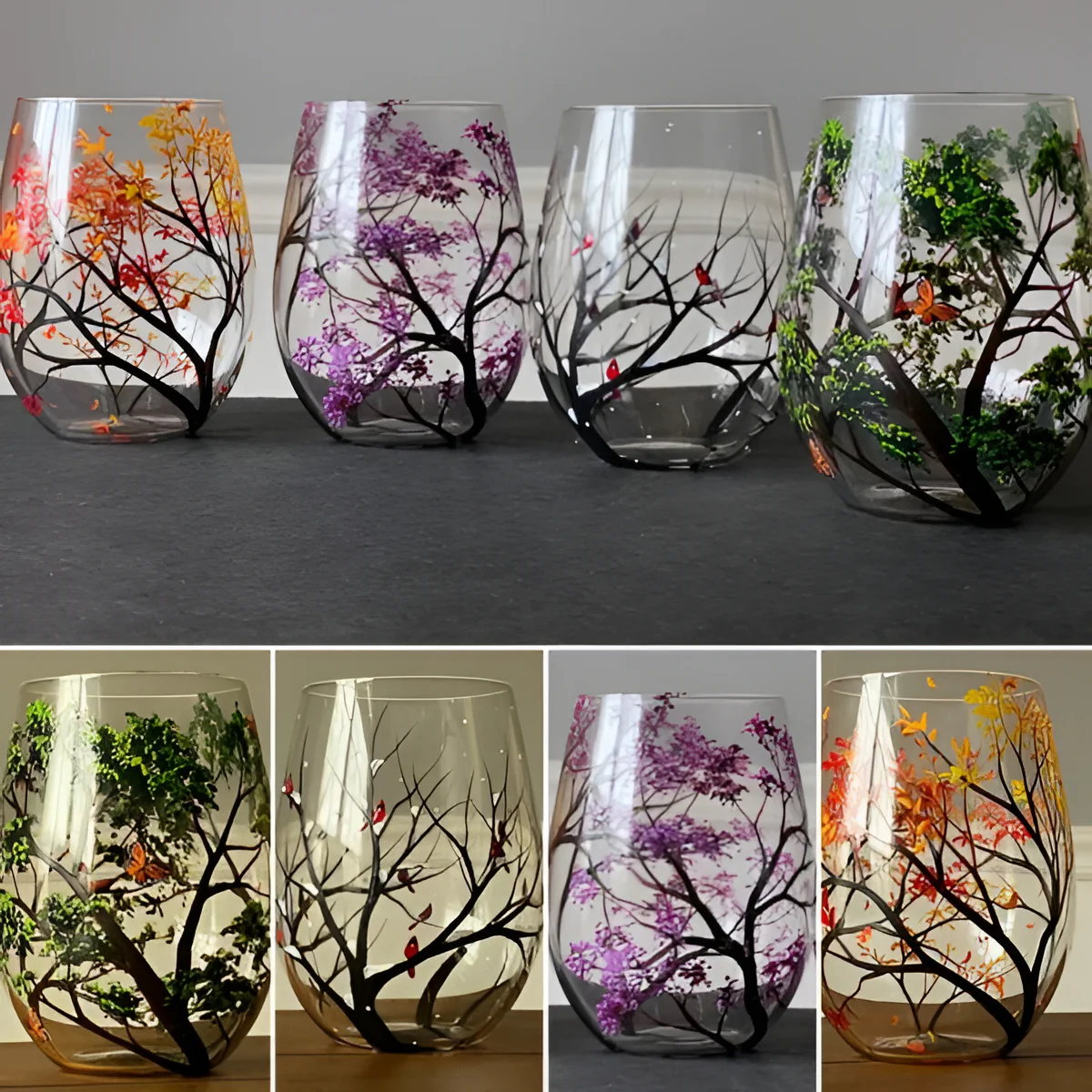 Four Seasons Tree Wine Glasses – Hand Painted Art - Image 9