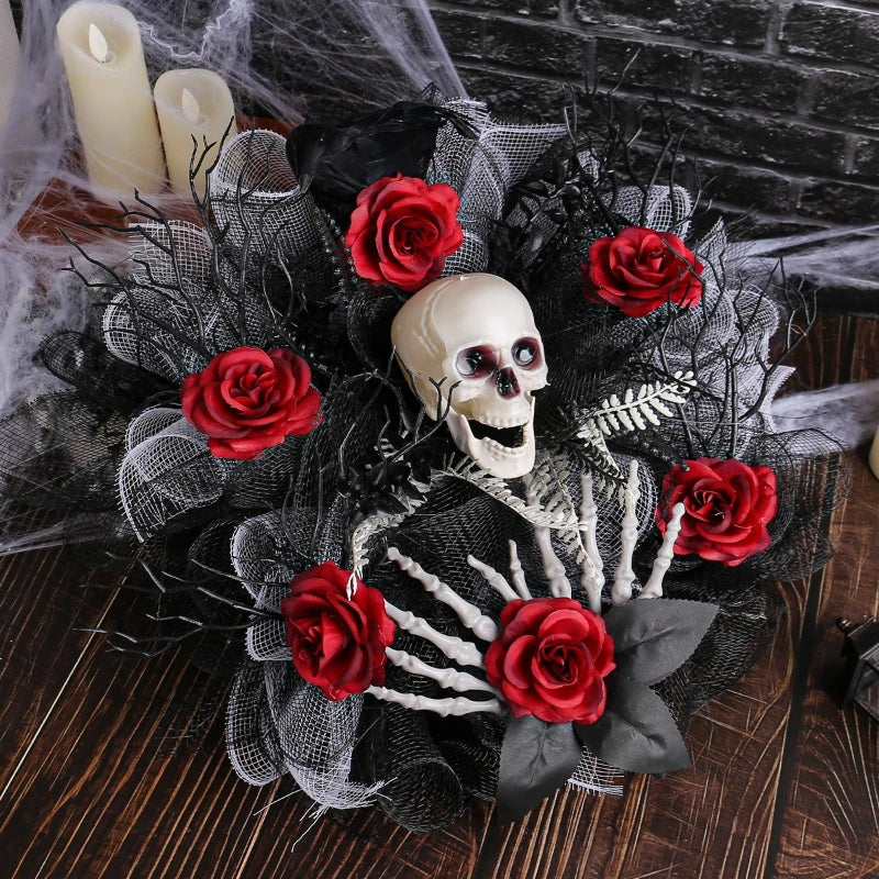 Halloween Garland Red Rose Skull Front Door Wreath - Image 2