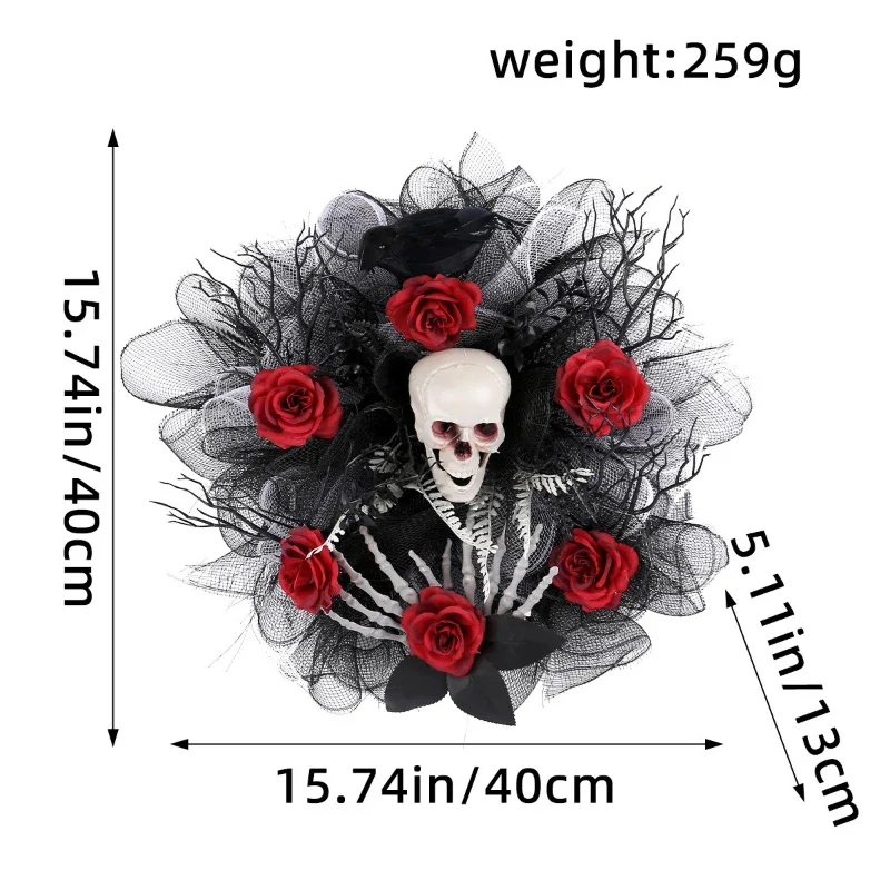 Halloween Garland Red Rose Skull Front Door Wreath - Image 4