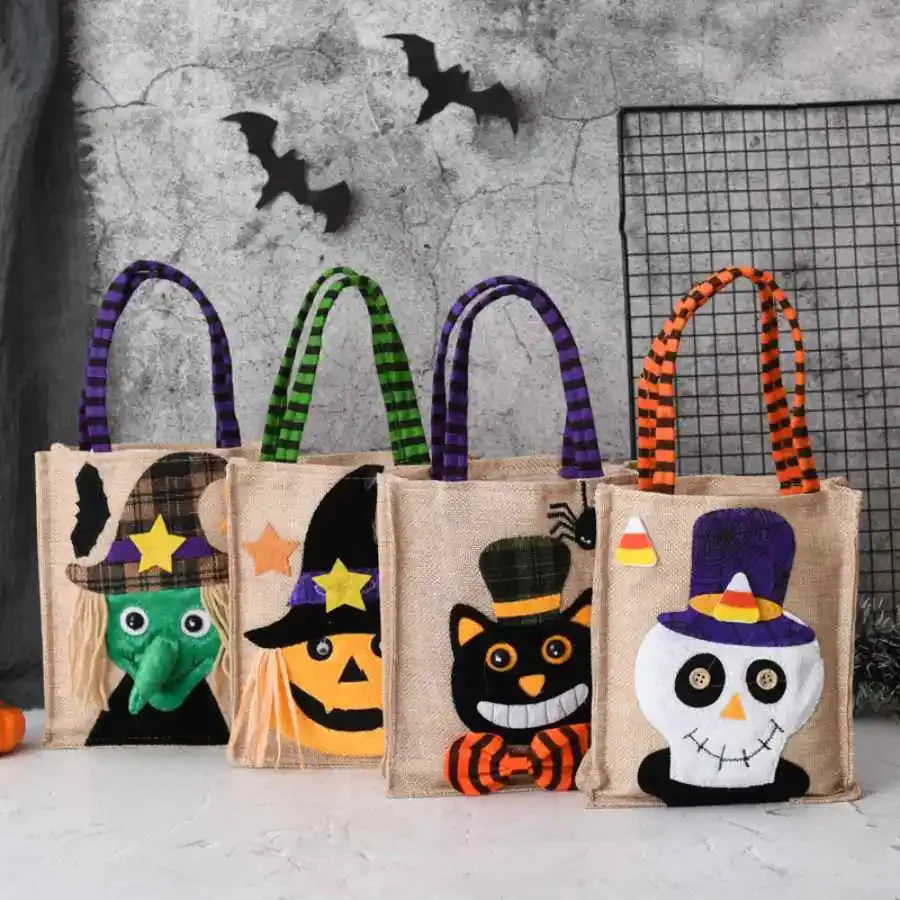 Halloween Treat Bag with Pumpkin Cat Witch and Skull Design - Image 2