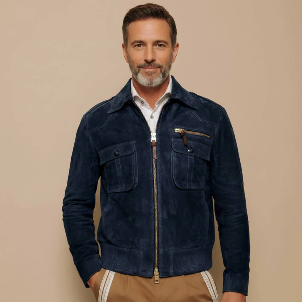 Men's Retro Lapel Zipper Breast Pocket Suede Jacket - Image 7