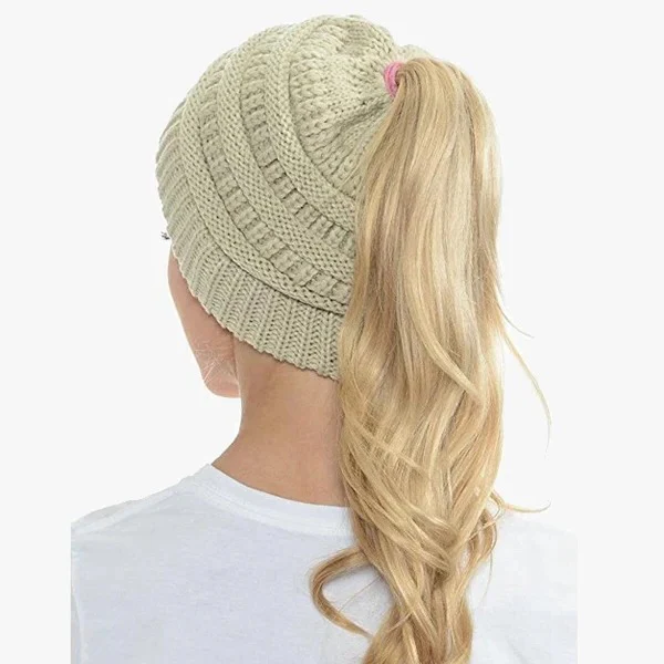 Ponytail Beanie Messy Bun Women's Beanie Solid Ribbed Hat Cap - Image 3