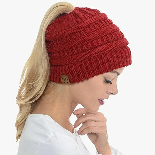 Ponytail Beanie Messy Bun Women's Beanie Solid Ribbed Hat Cap - Image 4