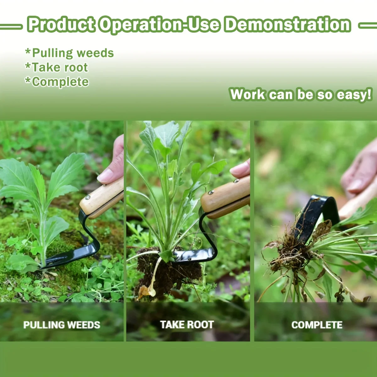 Stainless Steel Weed Puller Tool with Wooden Handle - Image 3