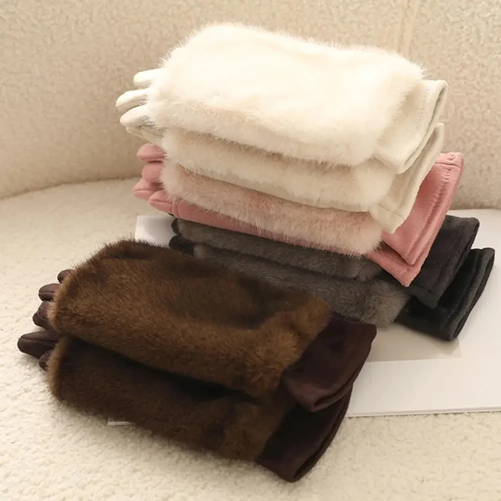 Suede Rabbit Fur Touch Screen Winter Gloves - Image 2