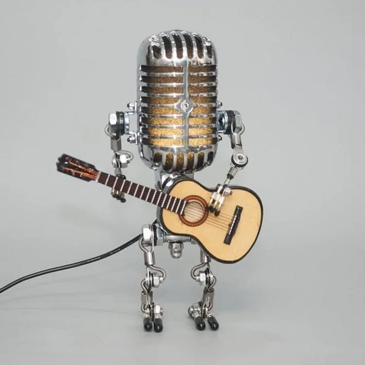 Vintage Metal Microphone Robot With Guitar Lamp - Image 9