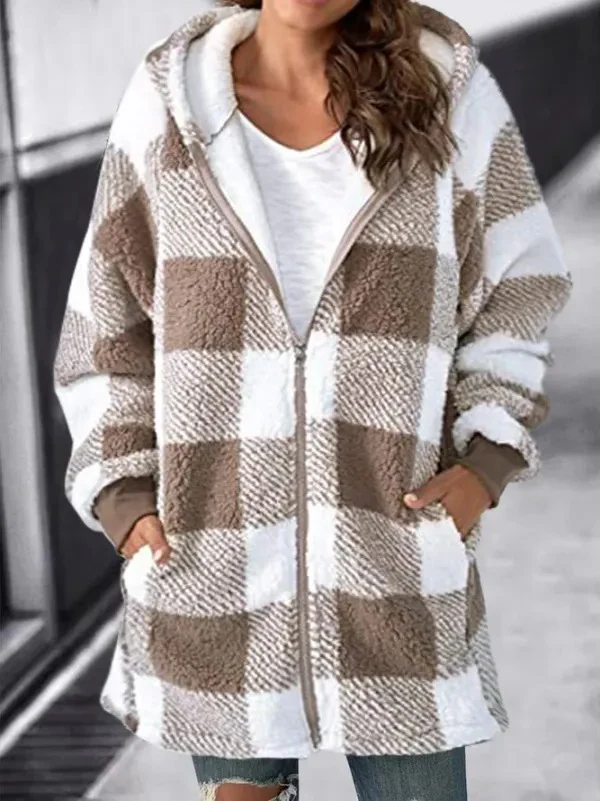 Women Oversized Hoodie Plaid Loose Overcoat - Image 4